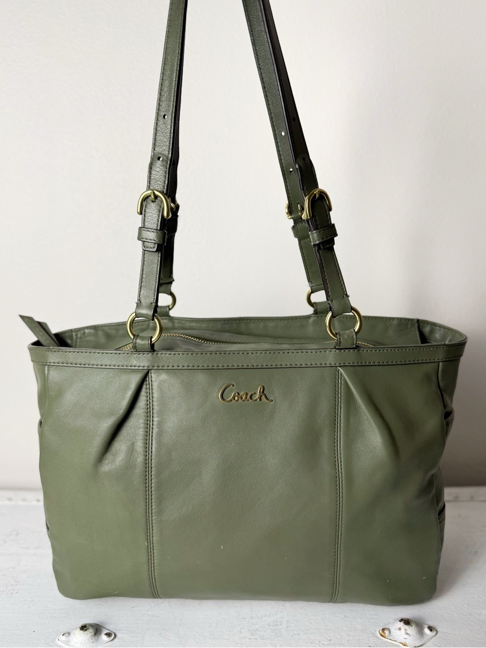 Coach Gallery East West Pleated Tote Bag Leather Green